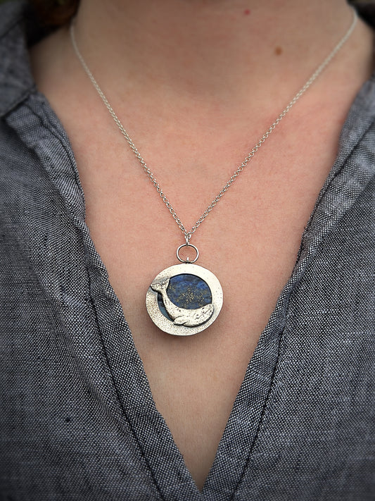 Full Blue Moon Grey Whale Pendant with Lapis Lazuli