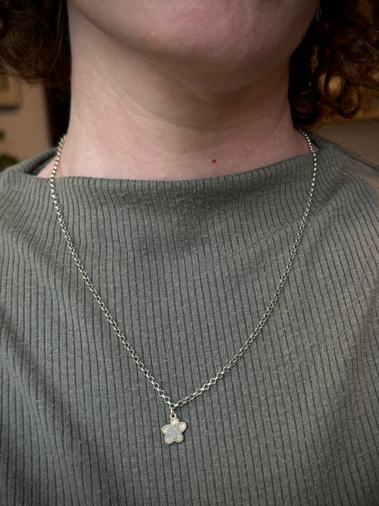Etched Brass Flower Necklace on Adjustable Sterling Silver Chain