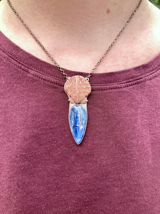 Kyanite & Scallop Shell Necklace in Sterling Silver with Moonstone Chain Accent