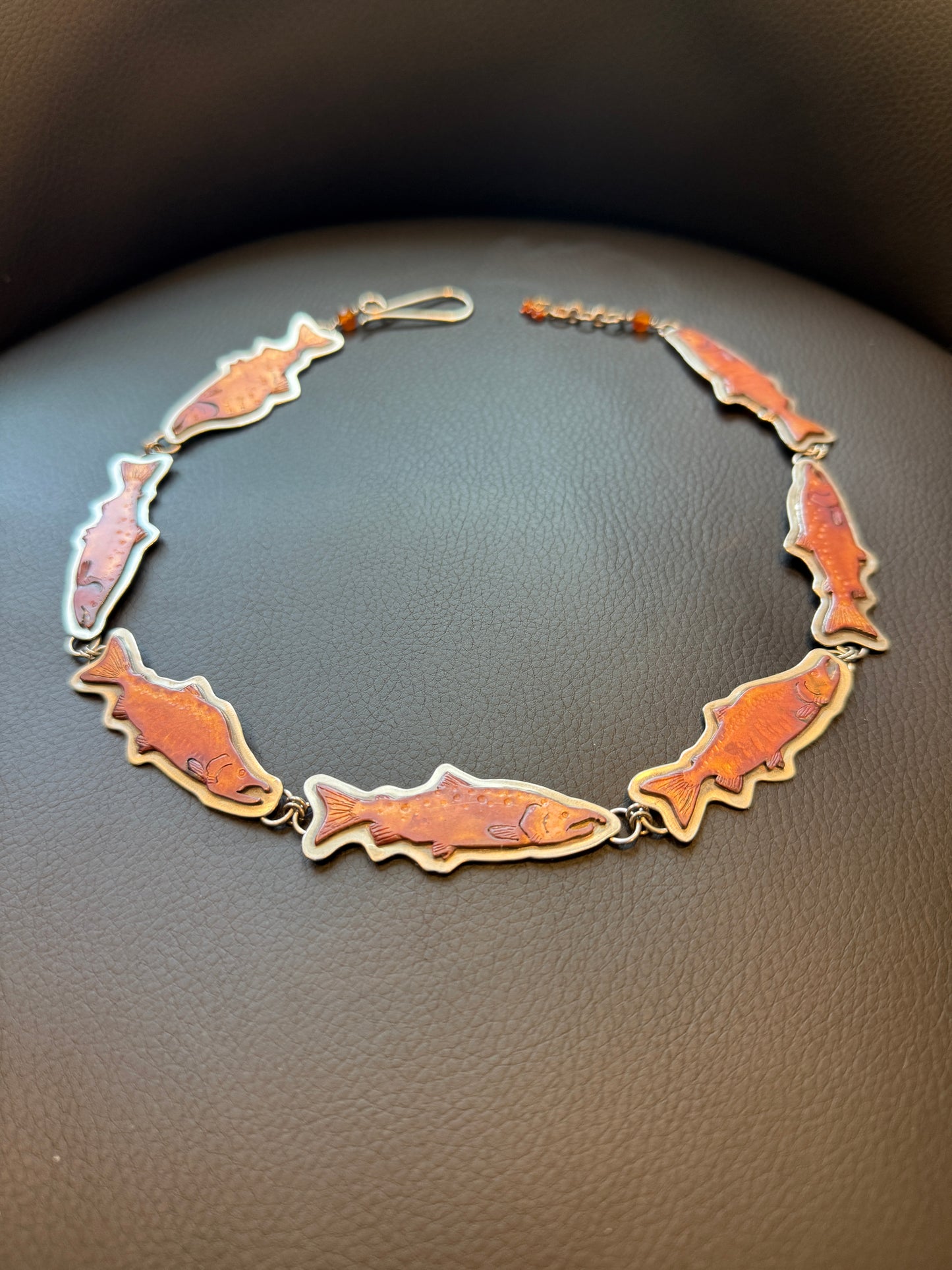 "Follow me Home" | Salmon Necklace Hand Fabricated in Copper, Silver, Carnelian and Brass