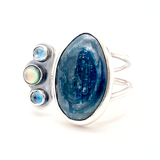 Kyanite, Abalone and Blue Topaz Ring in Sterling Silver, Adjustable ~ Size 8.5
