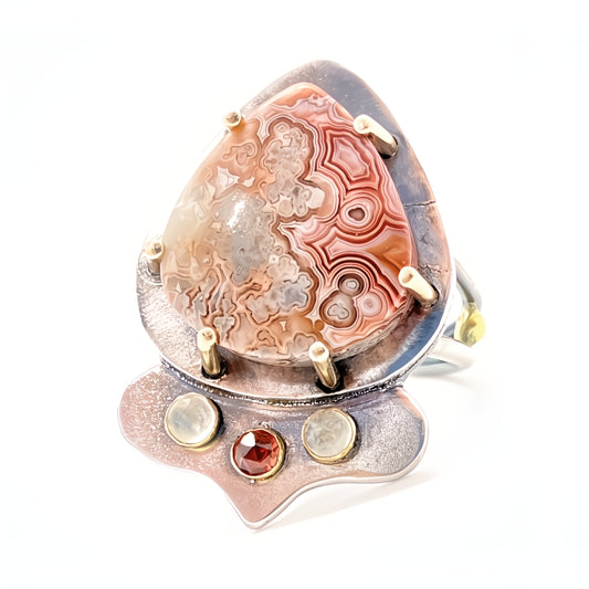 Lace Agate, Garnet and Rainbow Moonstone Ring in Sterling Silver with 14k Gold Accents, Size 9