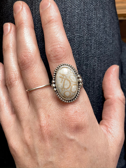 Fossilized Coral Ring in Sterling Silver, size 8.5