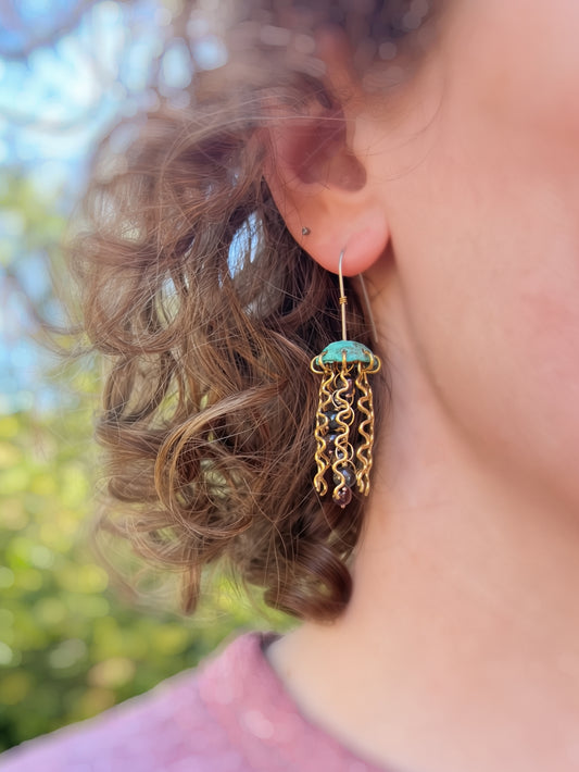Green Copper Jellyfish Earrings with Dark Pearls and Sterling Silver Earwires