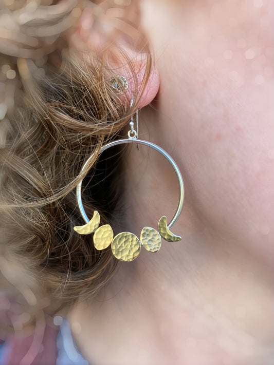 Moon Phase Hoop Earrings in Sterling Silver and Brass