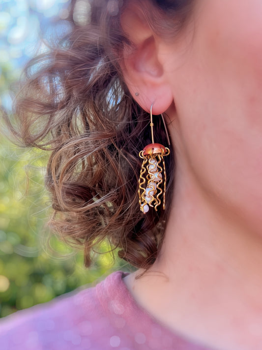 Red Copper Jellyfish Earrings with White Pearls and Sterling Silver Earwires