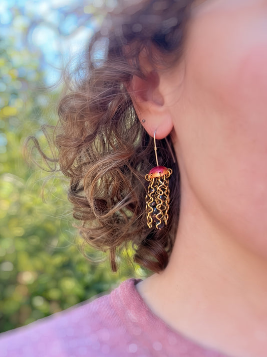 Red Copper Jellyfish Earrings with Dark Pearls and Sterling Silver Earwires