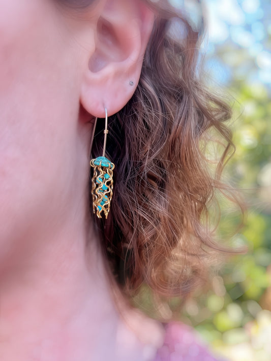 Mini Green Jellyfish Earrings with Turquoise Beads and Sterling Silver Earwires