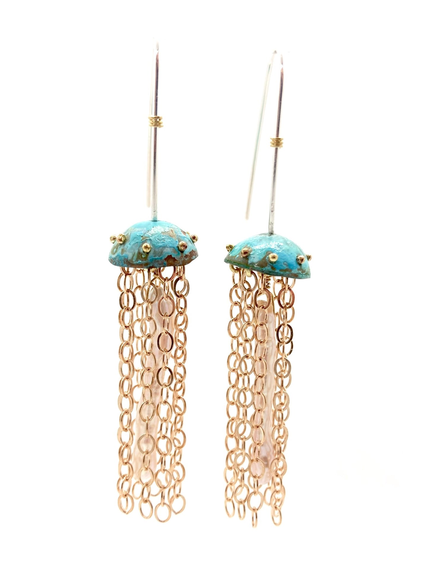 Green Copper Jellyfish Chain Earrings with Pearls and Sterling Silver Earwires