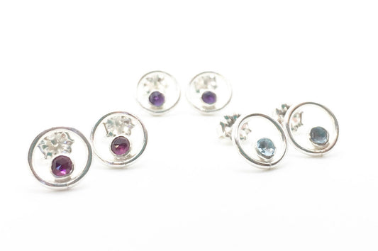 Sterling Silver Orbit Stud Earrings with Your Choice of Gemstone