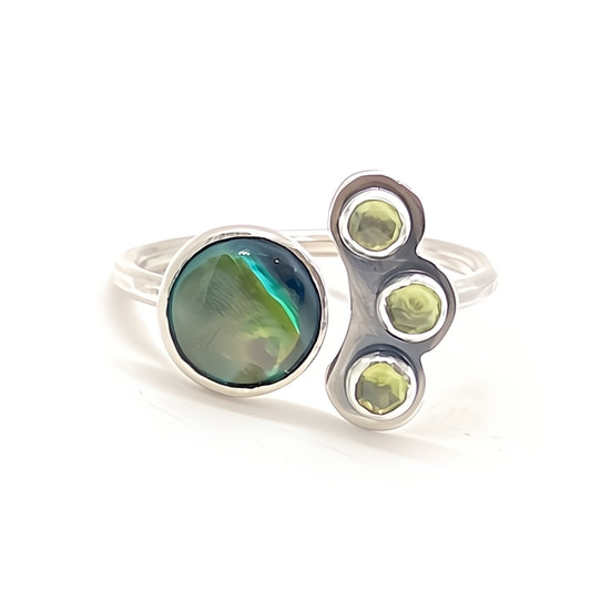 Abalone and Peridot Ring in Sterling Silver, Adjustable ~ Size 7.5