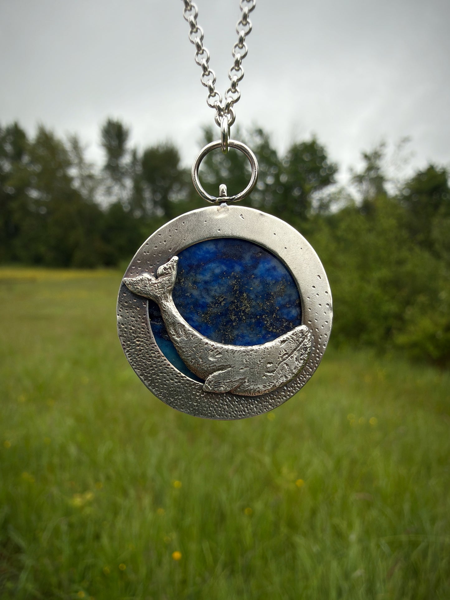 Full Blue Moon Grey Whale Pendant with Lapis Lazuli