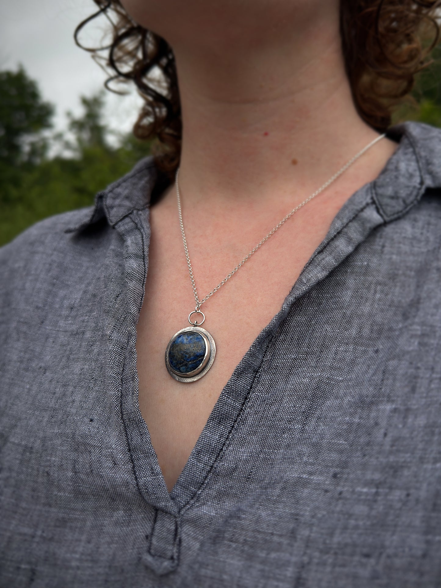 Full Blue Moon Grey Whale Pendant with Lapis Lazuli