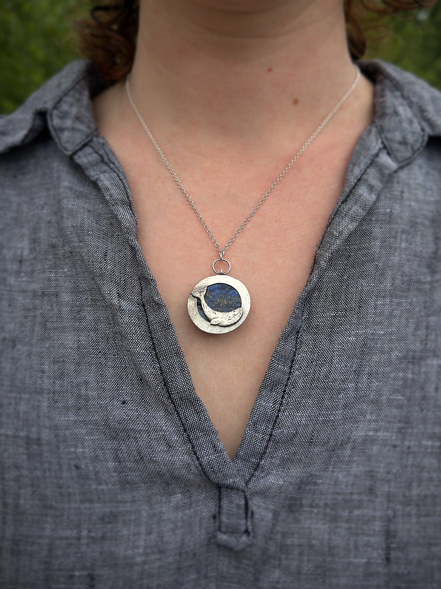 Full Blue Moon Grey Whale Pendant with Lapis Lazuli