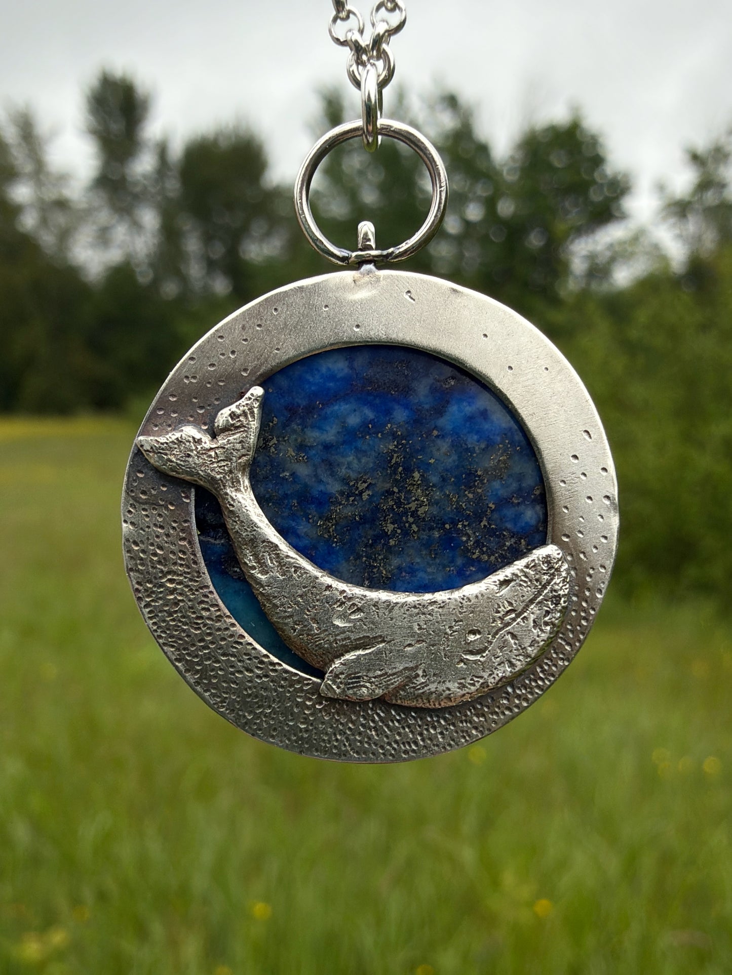 Full Blue Moon Grey Whale Pendant with Lapis Lazuli