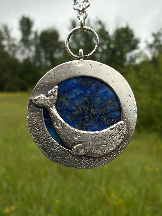 Full Blue Moon Grey Whale Pendant with Lapis Lazuli