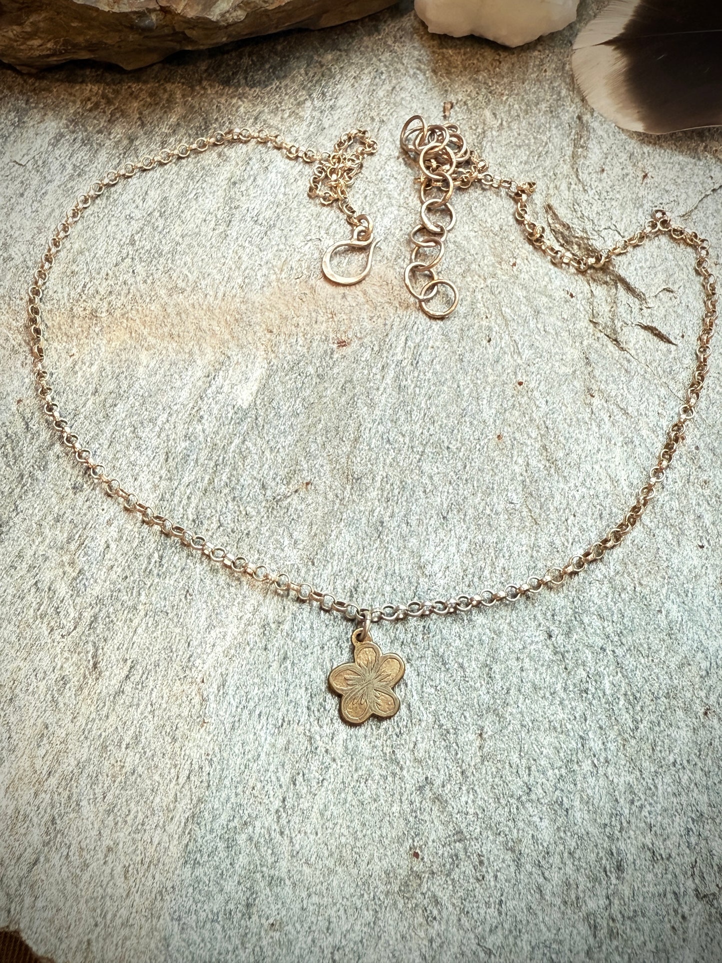 Etched Brass Flower Necklace on Adjustable Sterling Silver Chain