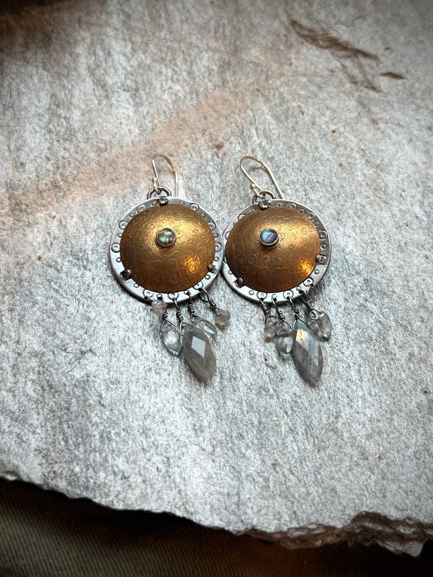 Brass Shield Earrings with Abalone, Labradorite and Moss Aquamarine