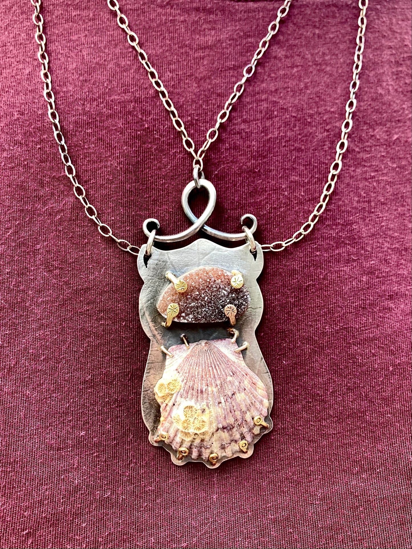 Scallop Shell and Druzy Necklace in Sterling Silver with 14K Gold Accents