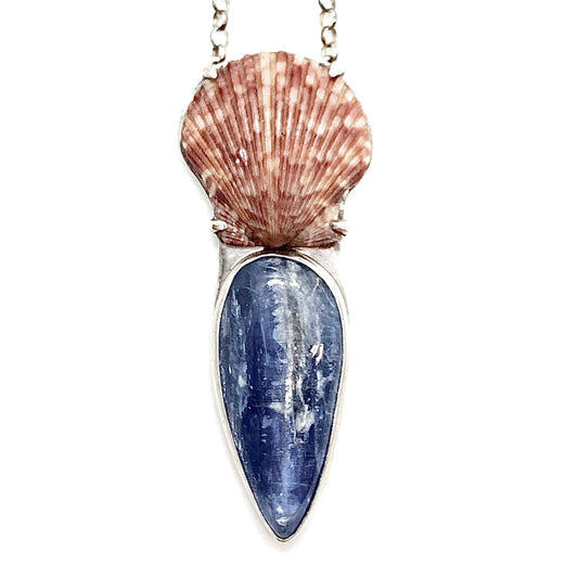 Kyanite & Scallop Shell Necklace in Sterling Silver with Moonstone Chain Accent