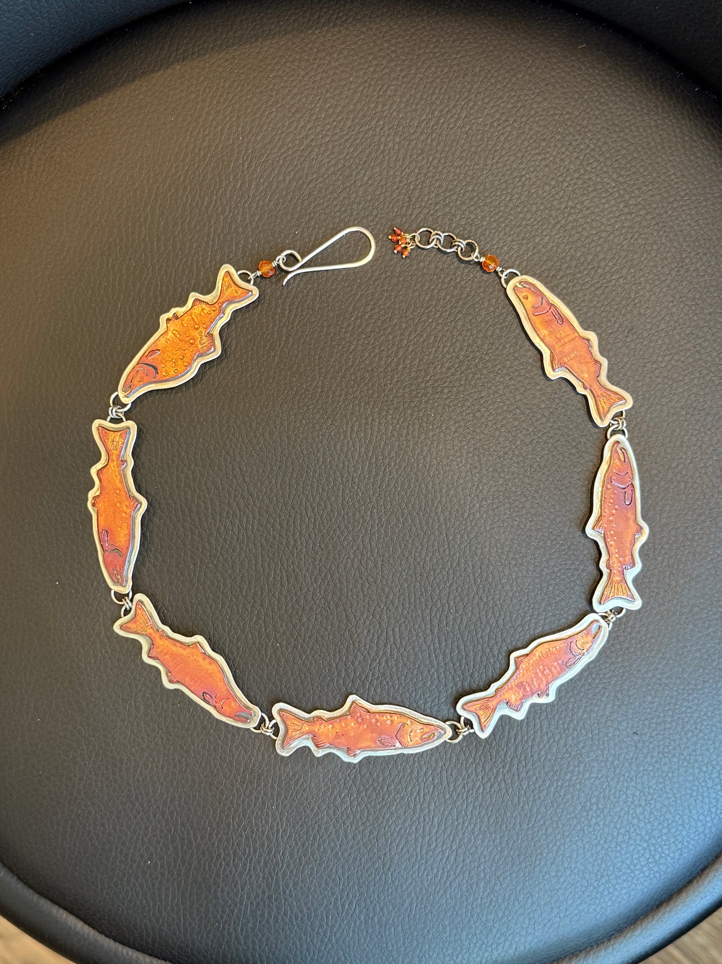 "Follow me Home" | Salmon Necklace Hand Fabricated in Copper, Silver, Carnelian and Brass