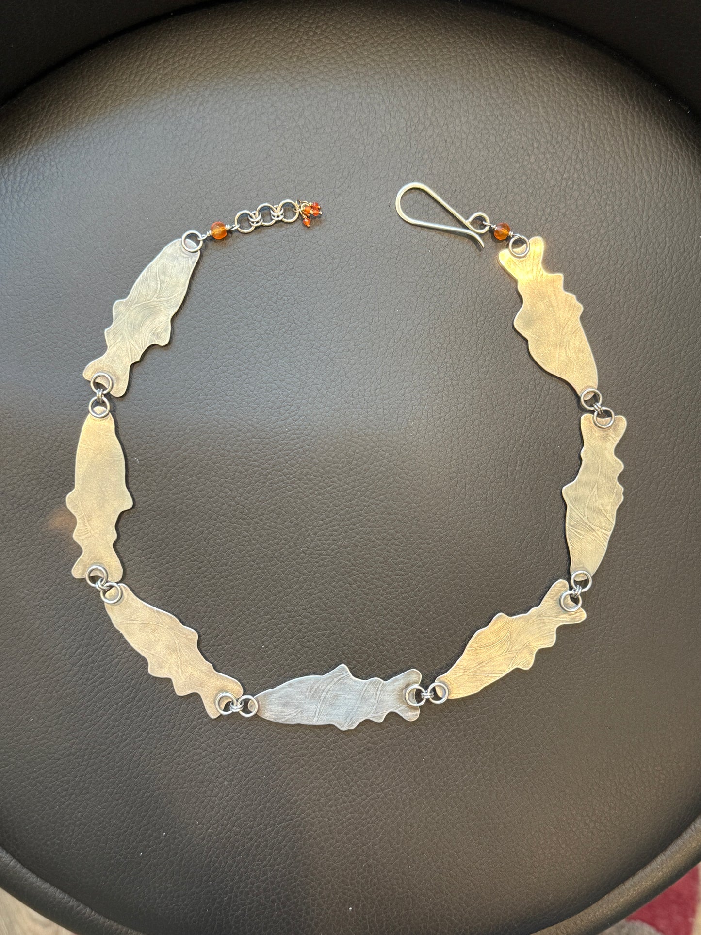 "Follow me Home" | Salmon Necklace Hand Fabricated in Copper, Silver, Carnelian and Brass
