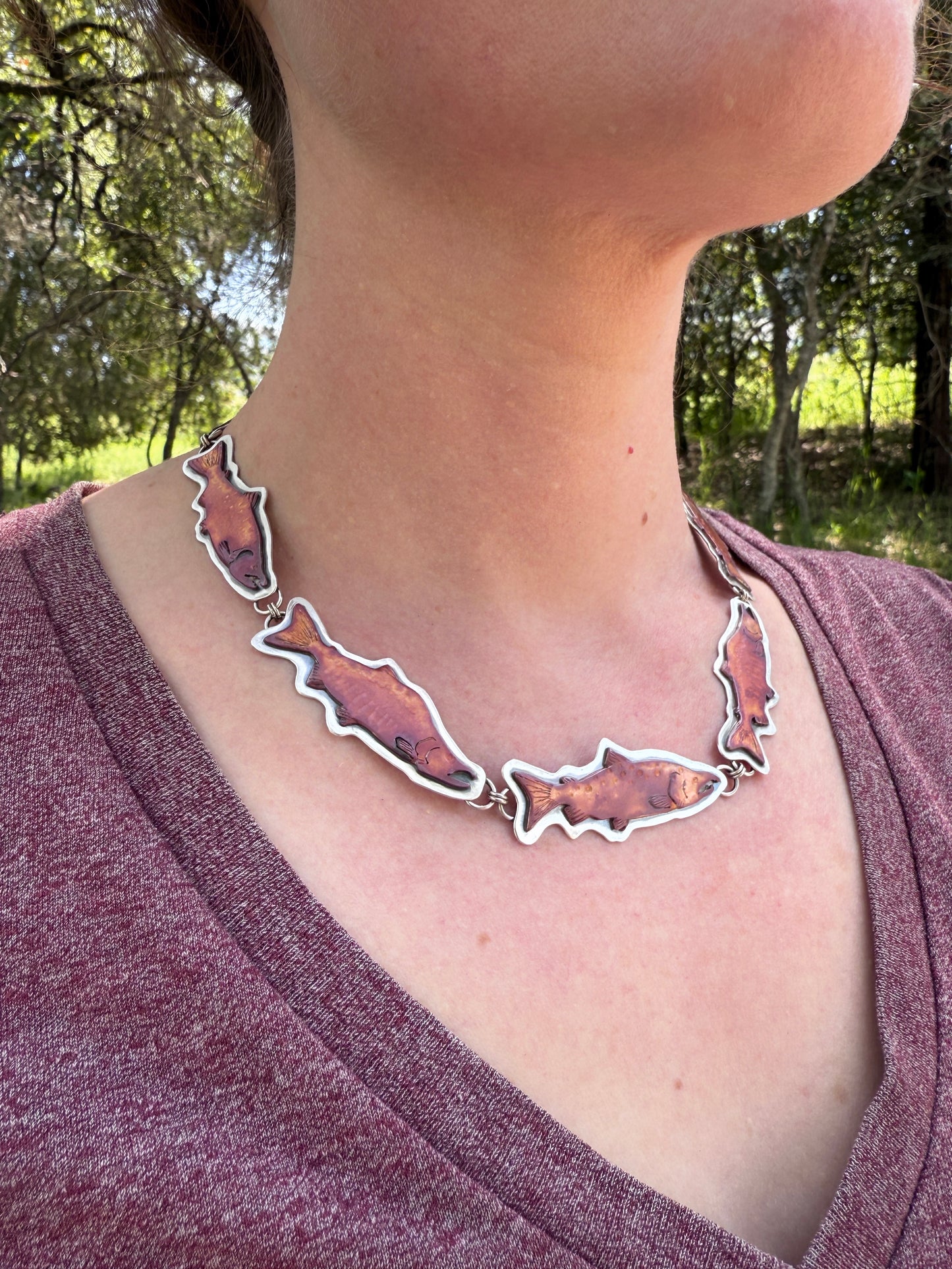 "Follow me Home" | Salmon Necklace Hand Fabricated in Copper, Silver, Carnelian and Brass