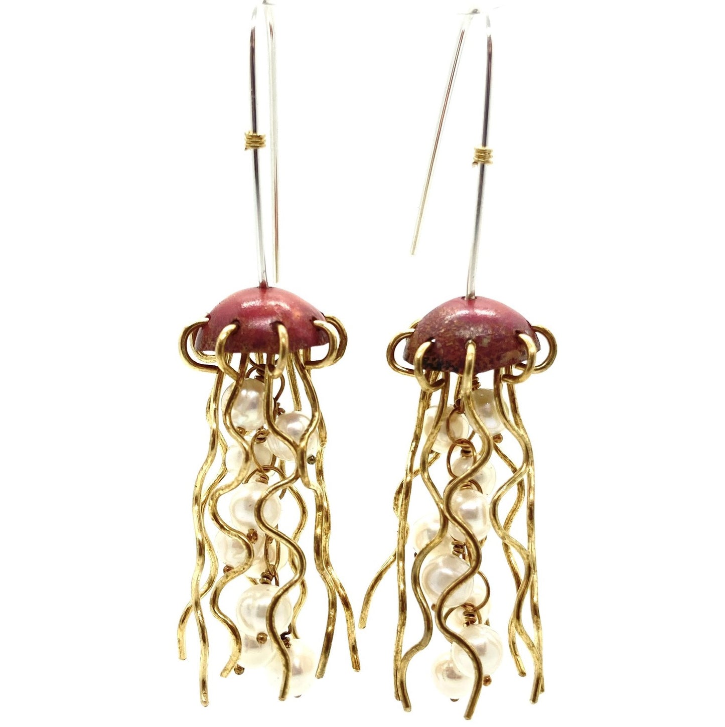 Red Copper Jellyfish Earrings with Pearls and Sterling Silver Earwires