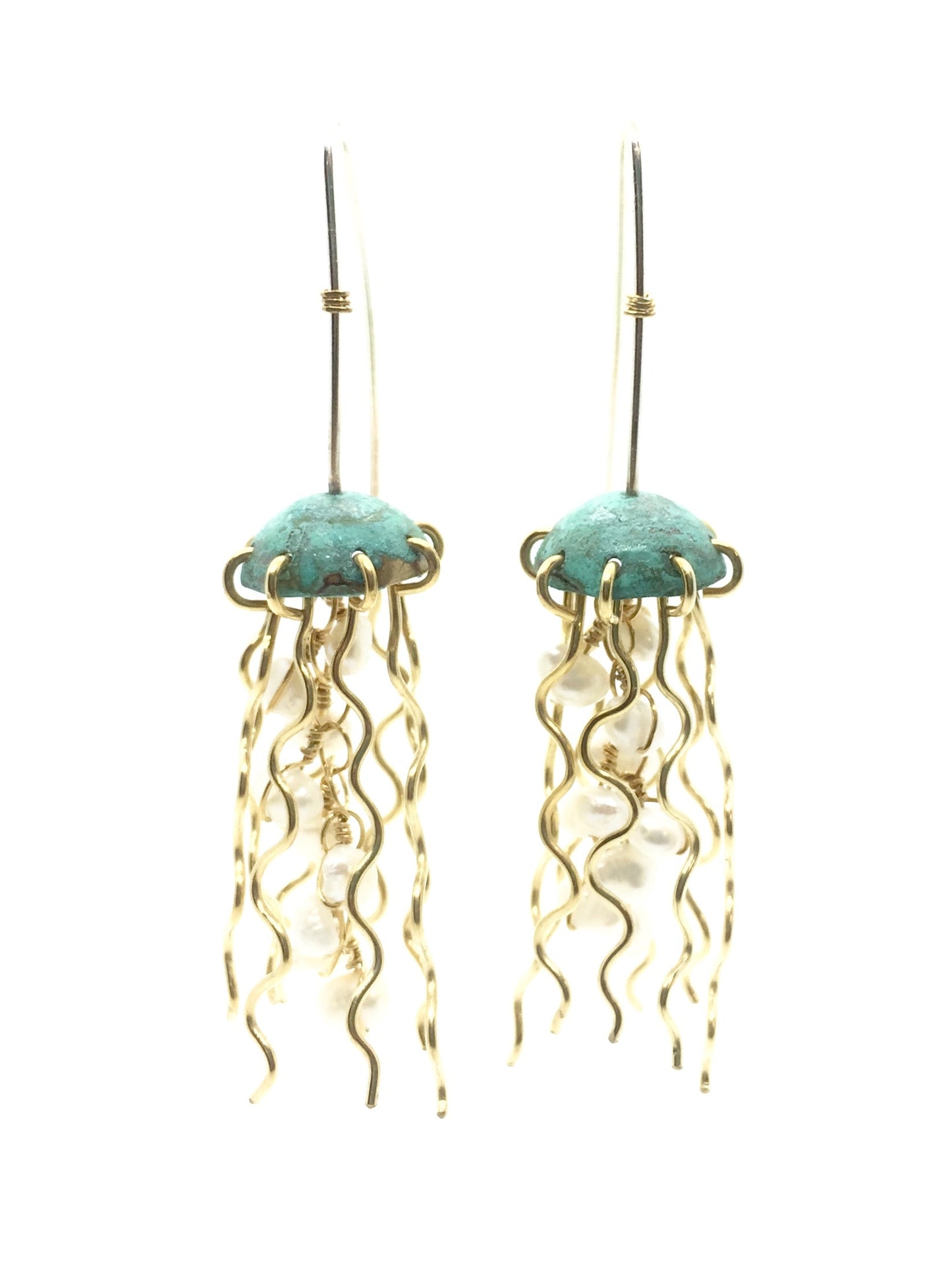 Green Copper Jellyfish Earrings with Pearls and Sterling Silver Earwires at Heal