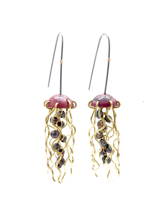 Red Copper Jellyfish Earrings with Pearls and Sterling Silver Earwires at Heal