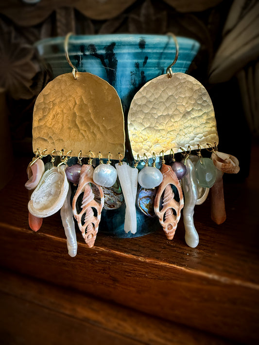 Seashell Collection Earrings | Brass, Pearls, Seashells, Sea Urchin Spine, Abalone and Chalcedony | 14k Gold Fill Earwires