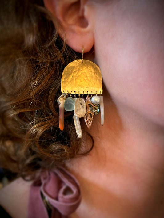 Seashell Collection Earrings | Brass, Pearls, Seashells, Sea Urchin Spine, Abalone and Chalcedony | 14k Gold Fill Earwires
