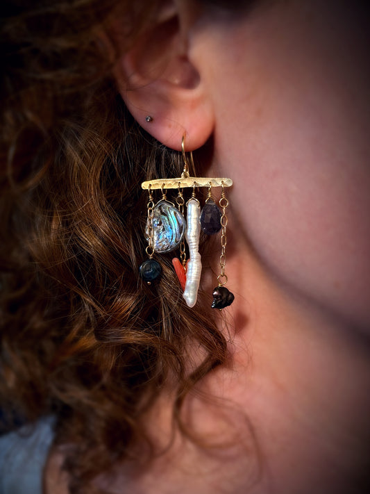 Seashell Collection Earrings | Brass, Pearls, Coral, Abalone, Iolite | 14k Gold Fill Earwires