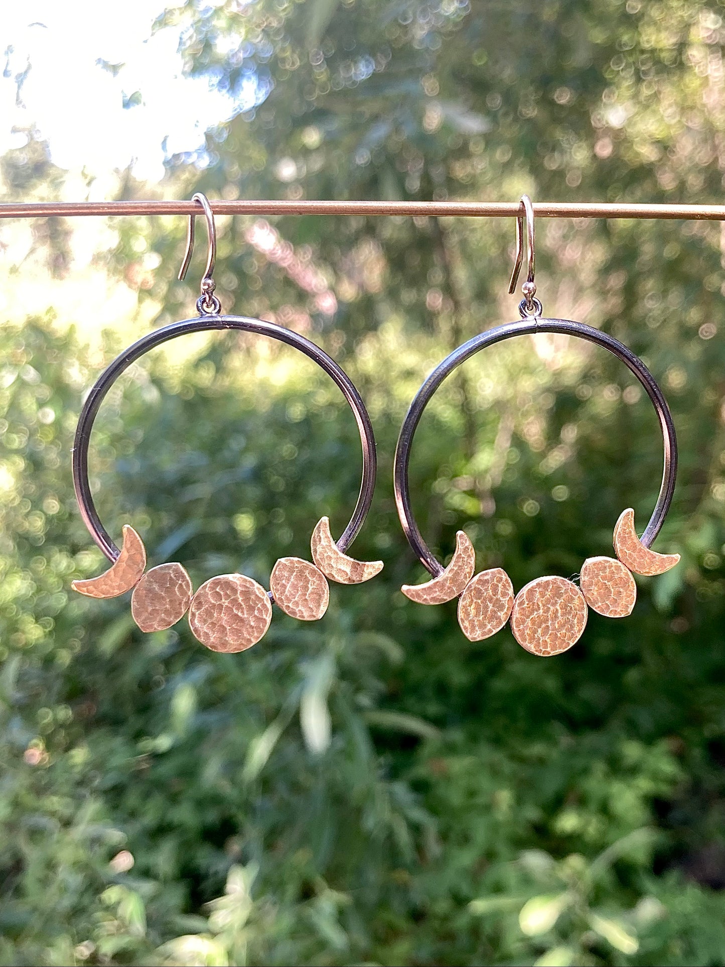 Moon Phase Hoop Earrings in Oxidized Sterling Silver and Brass