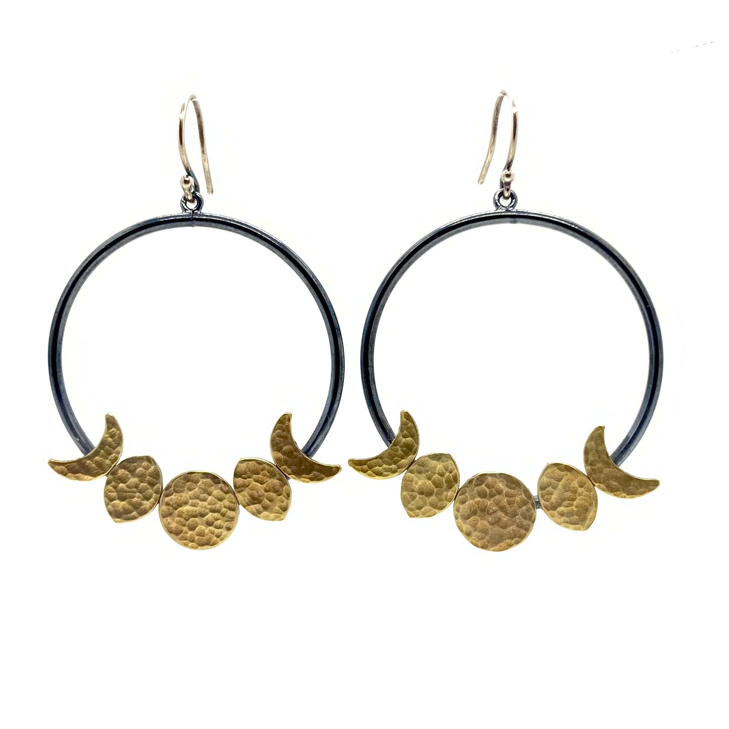 Moon Phase Hoop Earrings in Oxidized Sterling Silver and Brass