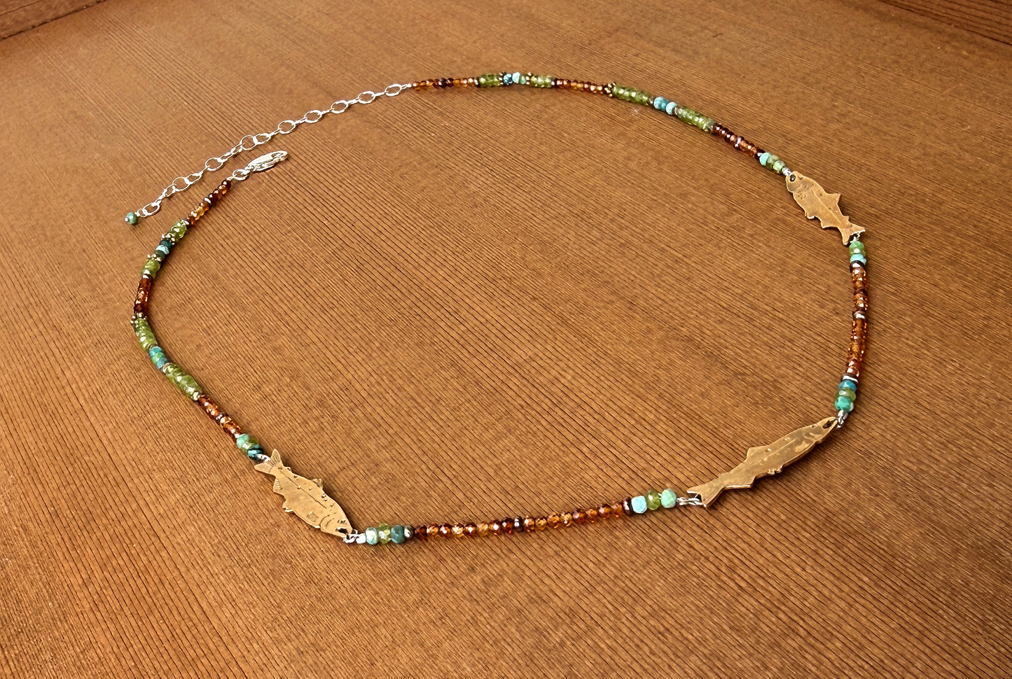 Bronze Salmon Necklace with Citrine, Turquoise and Vesuvianite Beads