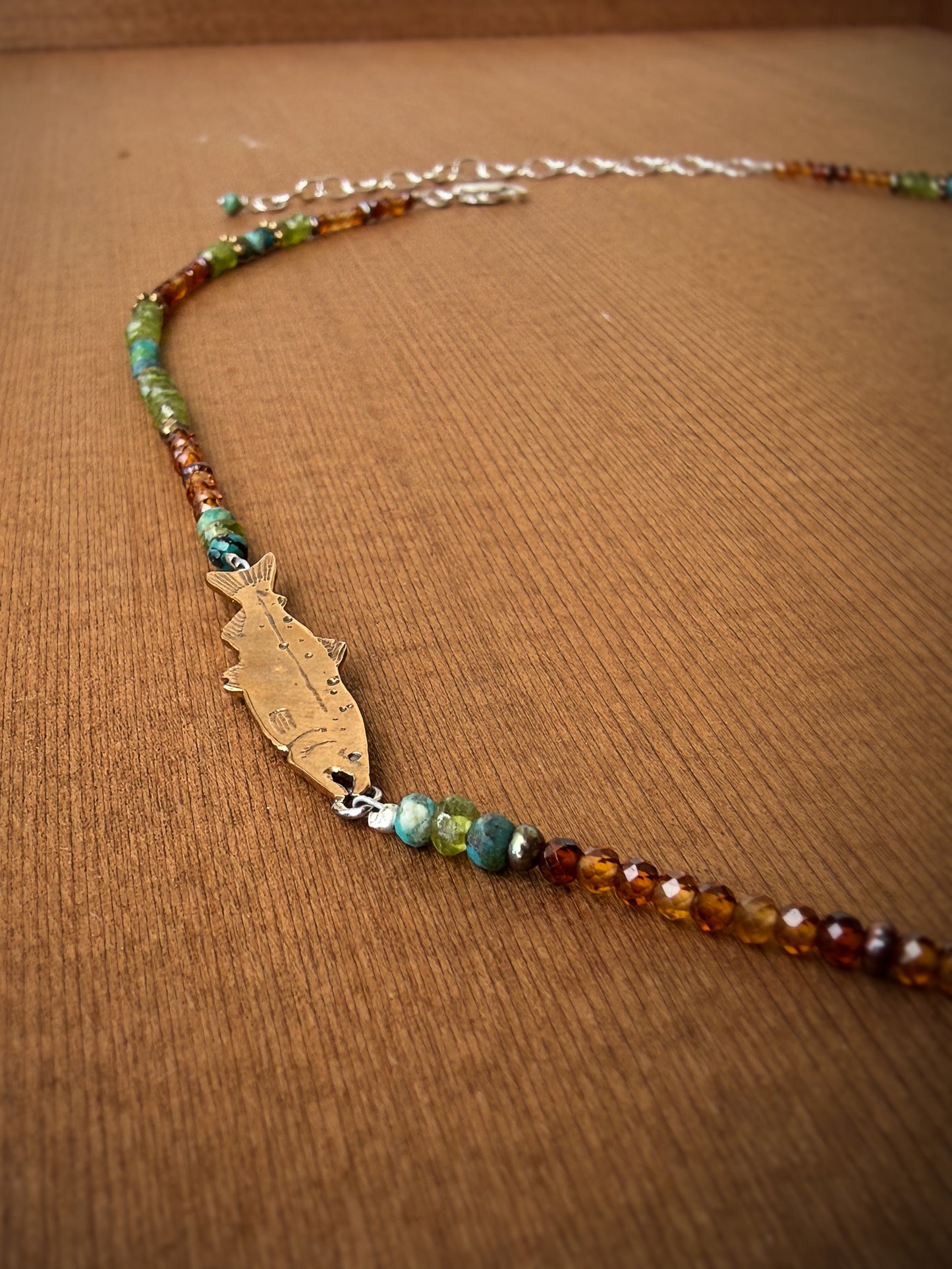Bronze Salmon Necklace with Citrine, Turquoise and Vesuvianite Beads