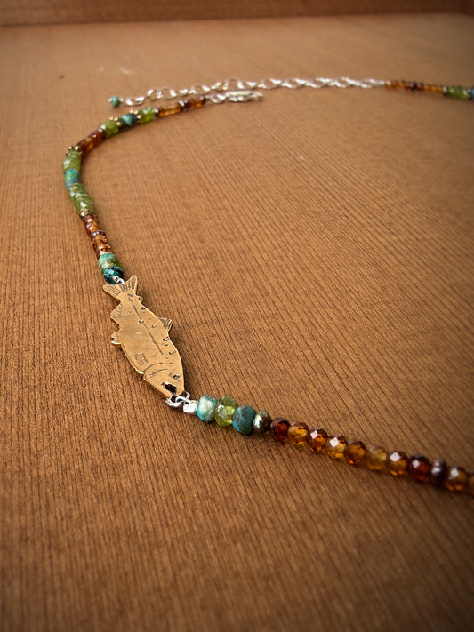 Bronze Salmon Necklace with Citrine, Turquoise and Vesuvianite Beads