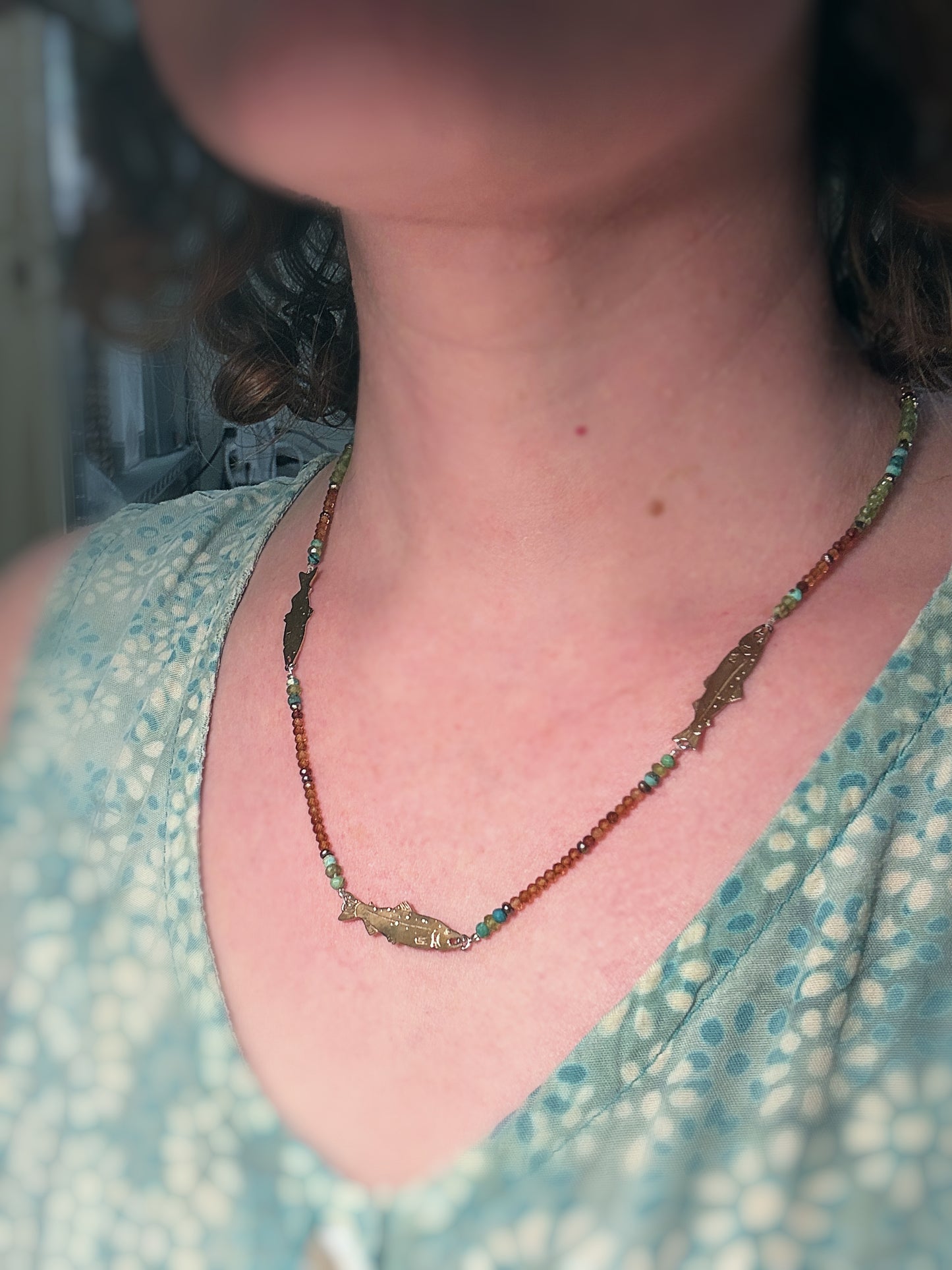 Bronze Salmon Necklace with Citrine, Turquoise and Vesuvianite Beads