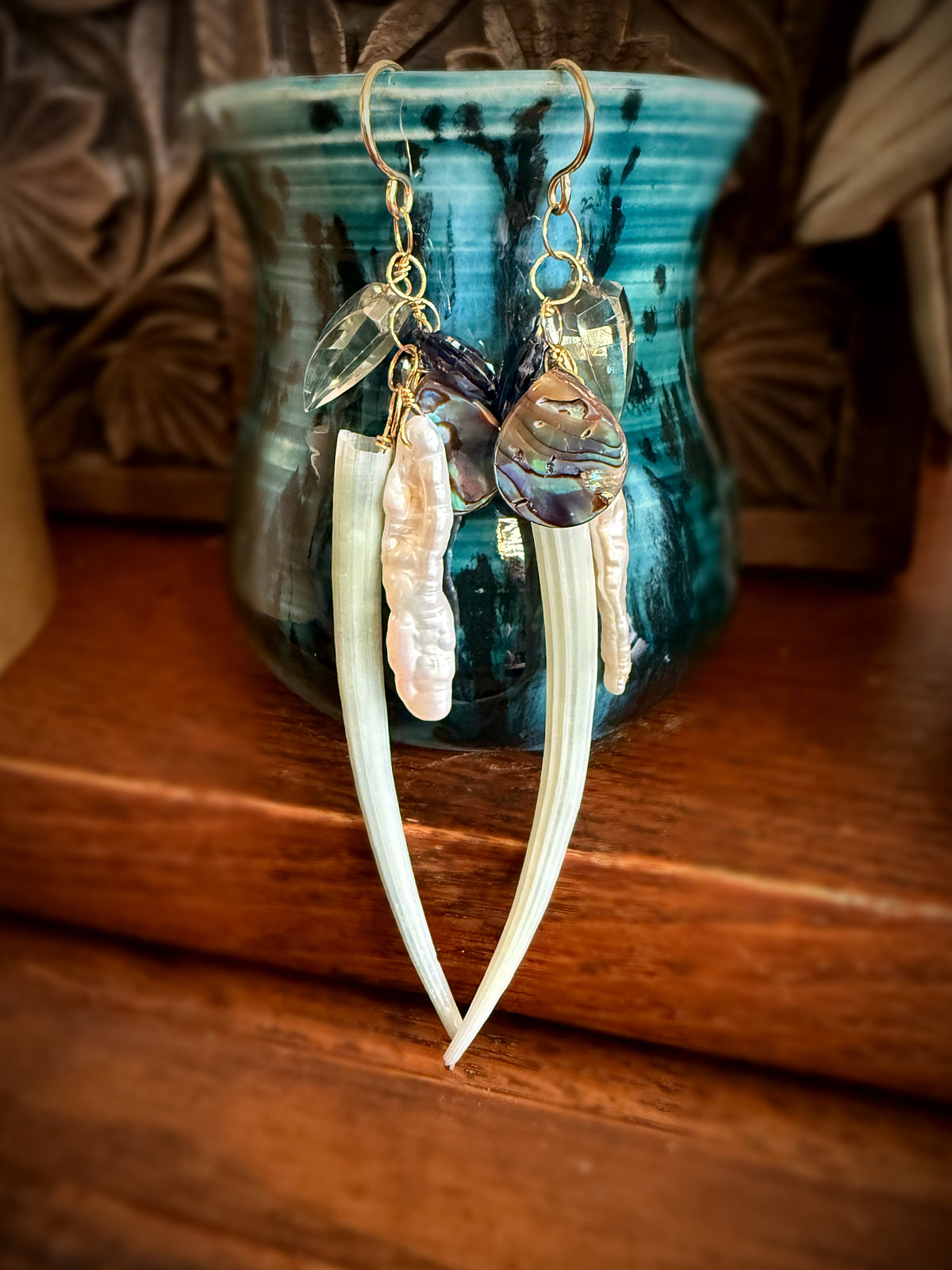 Dentalium Seashell Collection Earrings | Dentalium, Pearl, Abalone, Kyanite and Green Garnet | 14k Gold Ear Wires