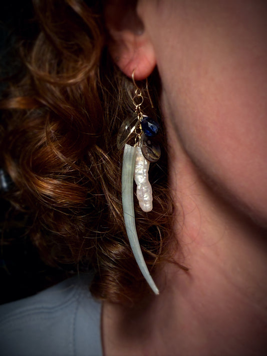 Dentalium Seashell Collection Earrings | Dentalium, Pearl, Abalone, Kyanite and Green Garnet | 14k Gold Ear Wires