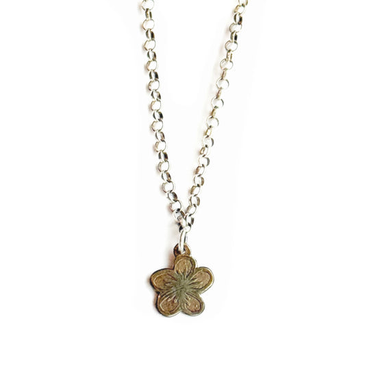 Etched Brass Flower Necklace on Adjustable Sterling Silver Chain