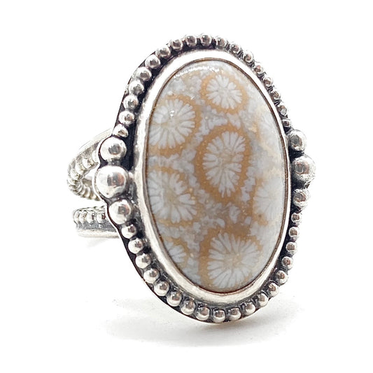 Fossilized Coral Ring in Sterling Silver, size 8.5