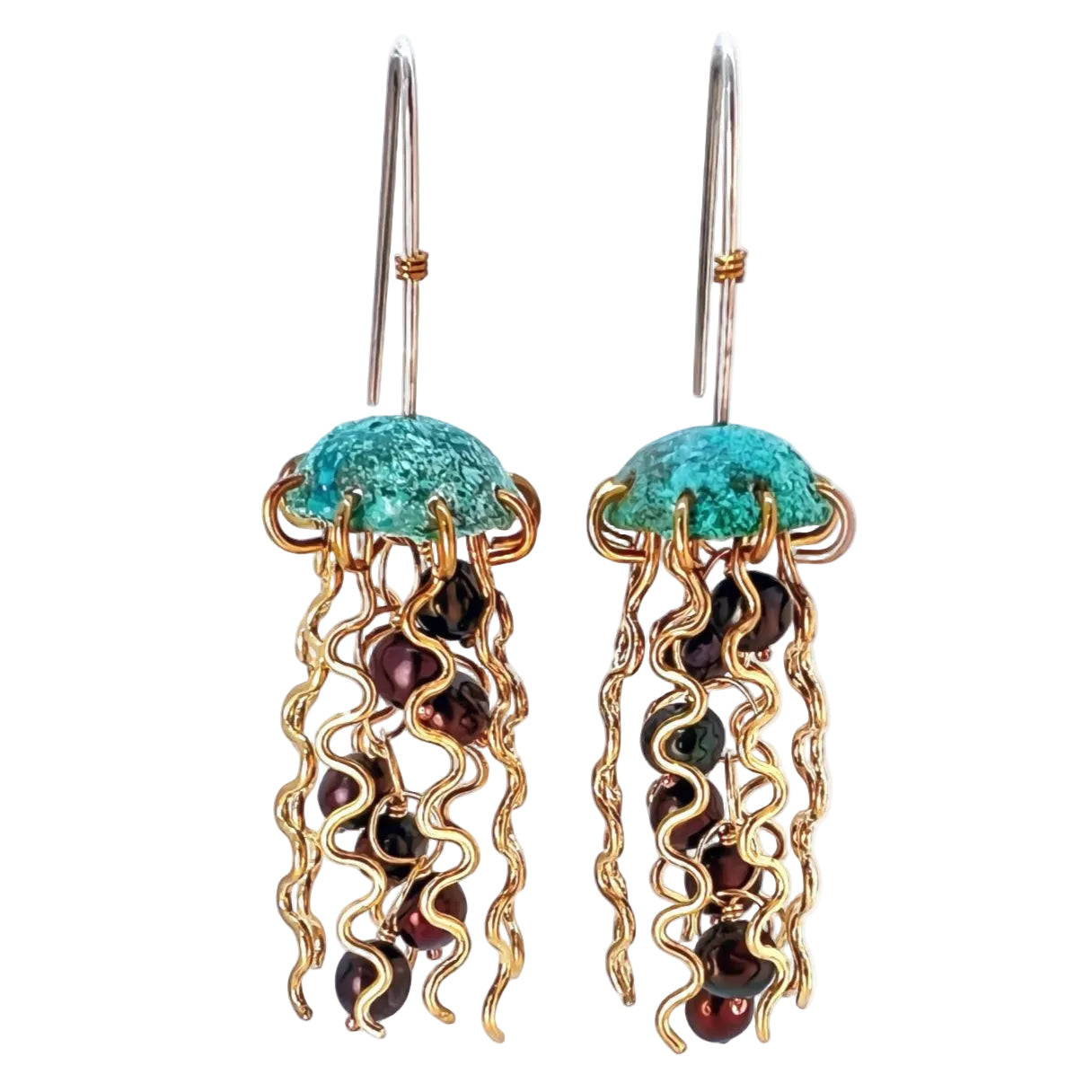 Jellyfish-shaped earrings with turquoise tops and gold and brown accents on a white background