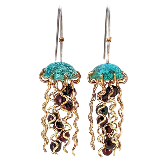Jellyfish-shaped earrings with turquoise tops and gold and brown accents on a white background