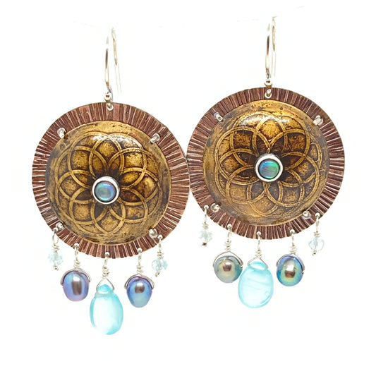 Abalone, Pearl and Chalcedony Shield Earrings