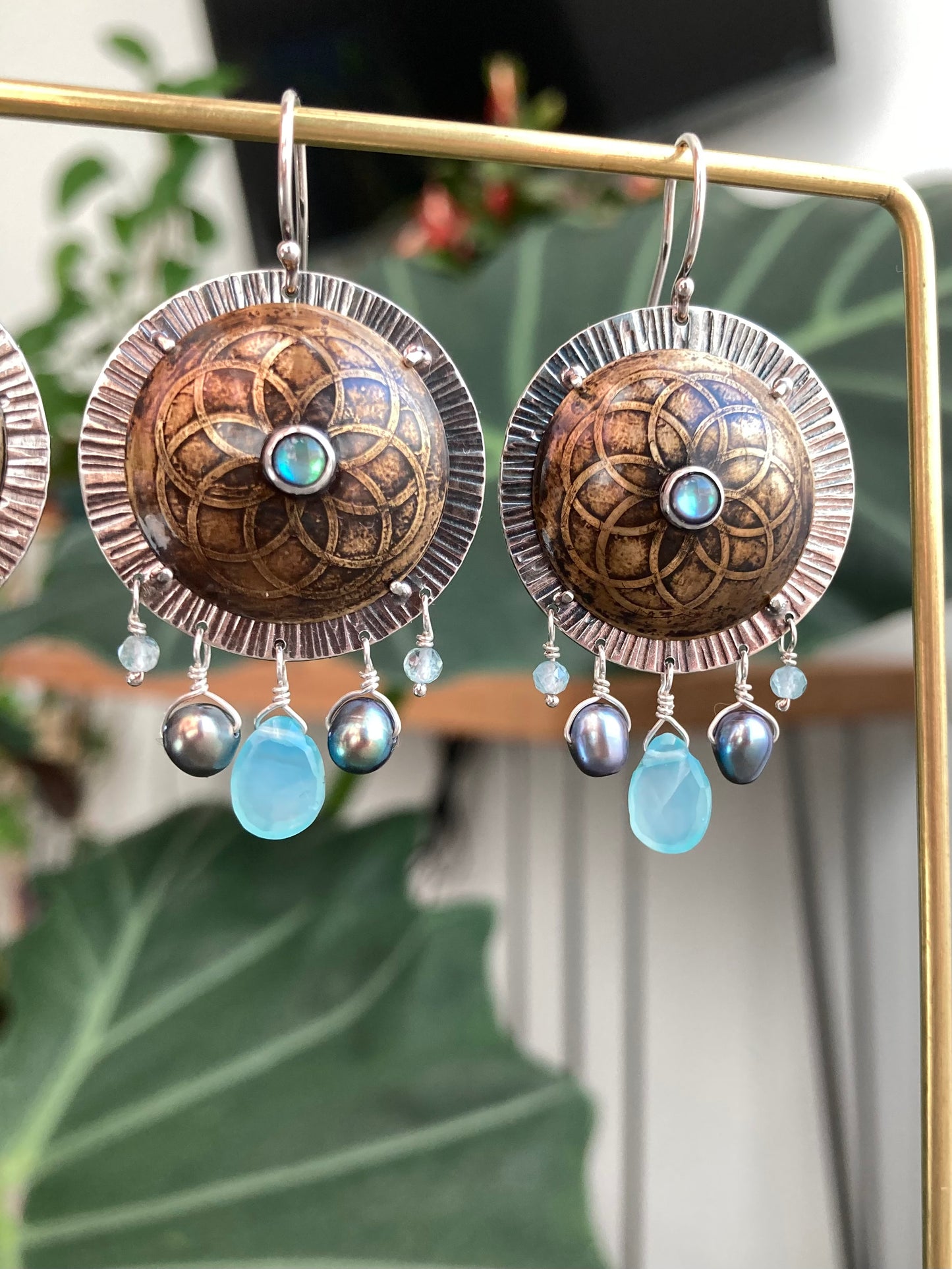 Abalone, Pearl and Chalcedony Shield Earrings