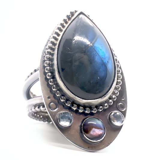 Labradorite, Abalone and Rainbow Moonstone Ring in Sterling Silver, Size 9