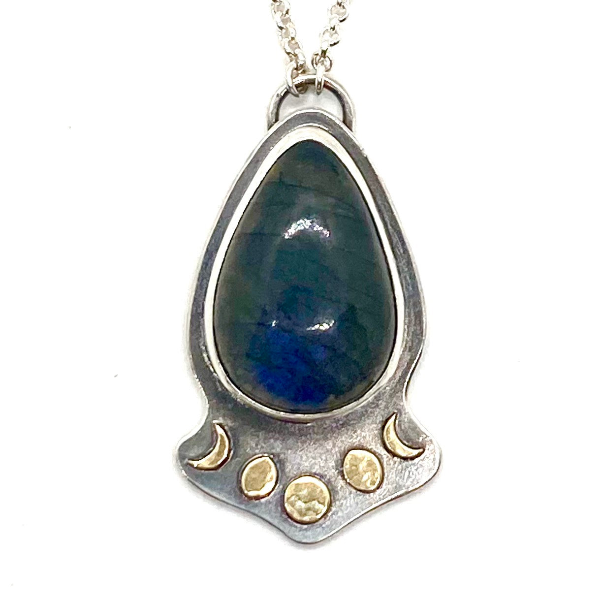 Labradorite Moon Phase Necklace in Brass and Sterling Silver