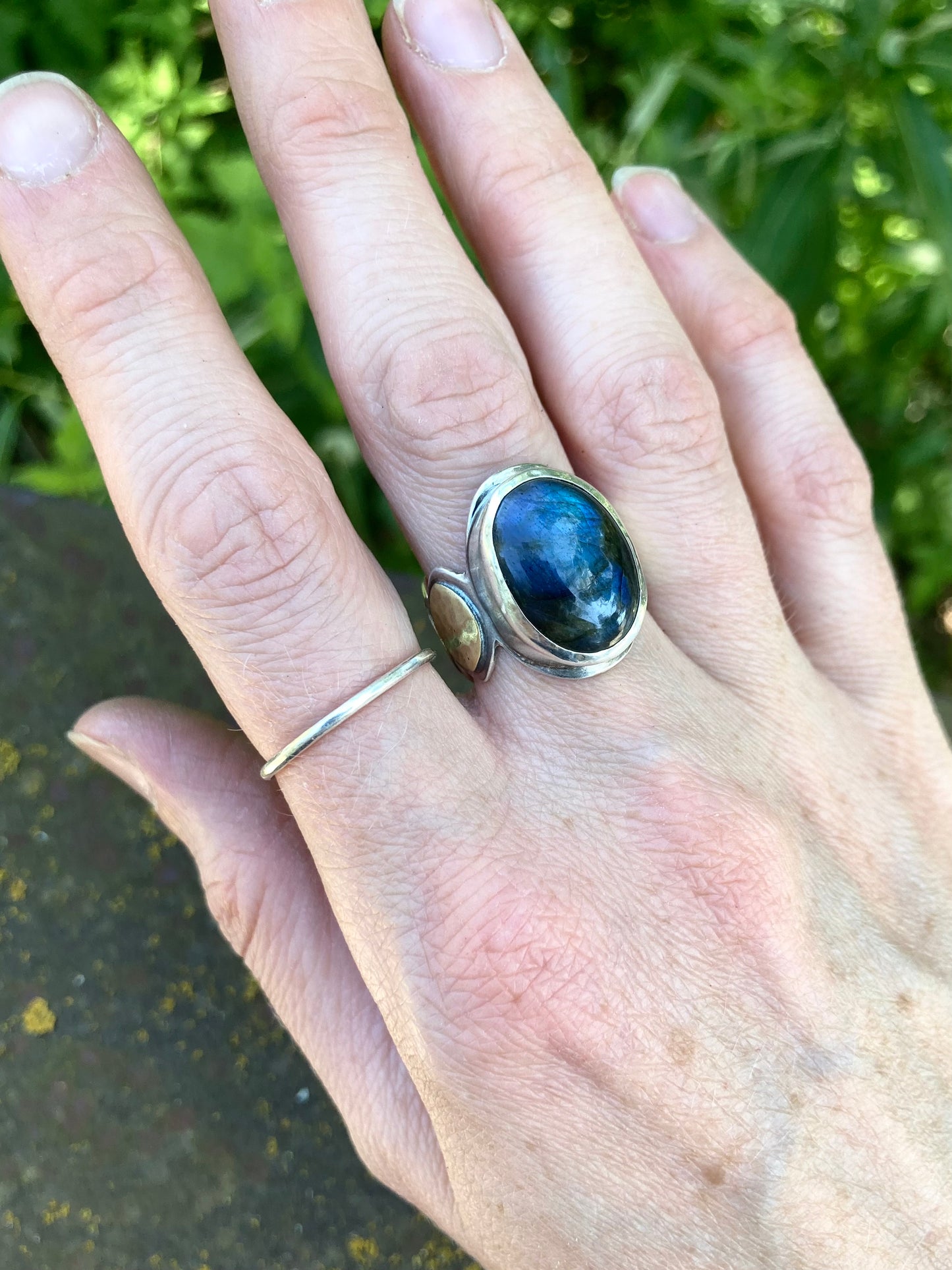 Labradorite Moon Phase Ring in Brass and Sterling Silver, Size 8